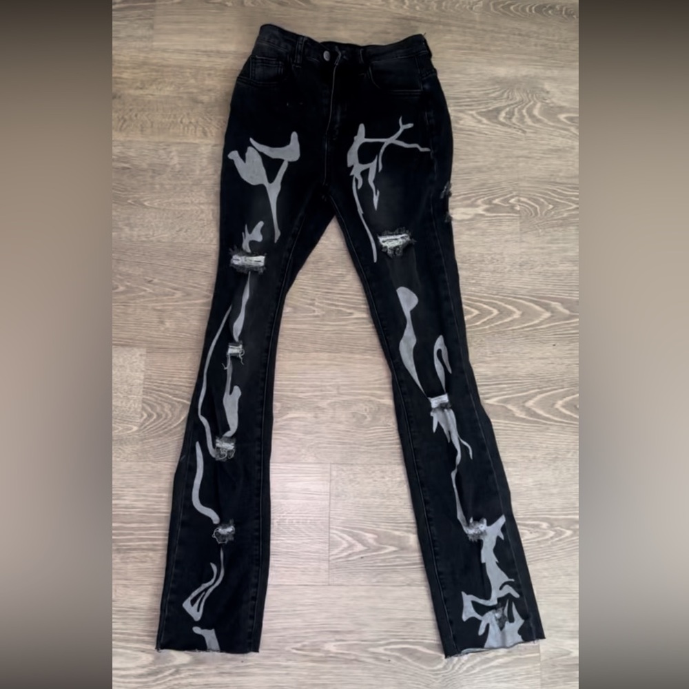 Black Jeans with Gray Abstract Design